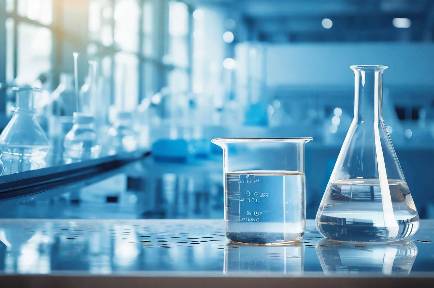 Laboratory glassware with clear solutions